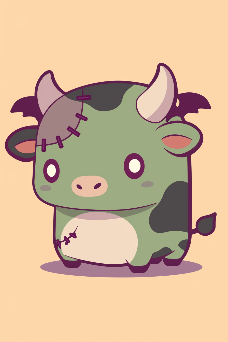 halloween cute animals drawings 2: A charming drawing of a cow dressed as Frankenstein, featuring whimsical touches perfect for Halloween festivities.